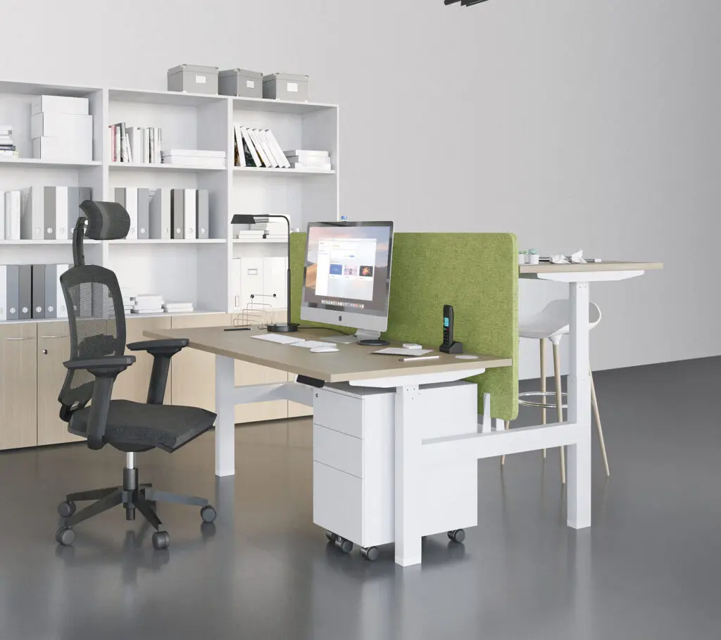 Bureau réglable en hauteur électrique Envol Evo avec caisson mobile et séparateur tissu